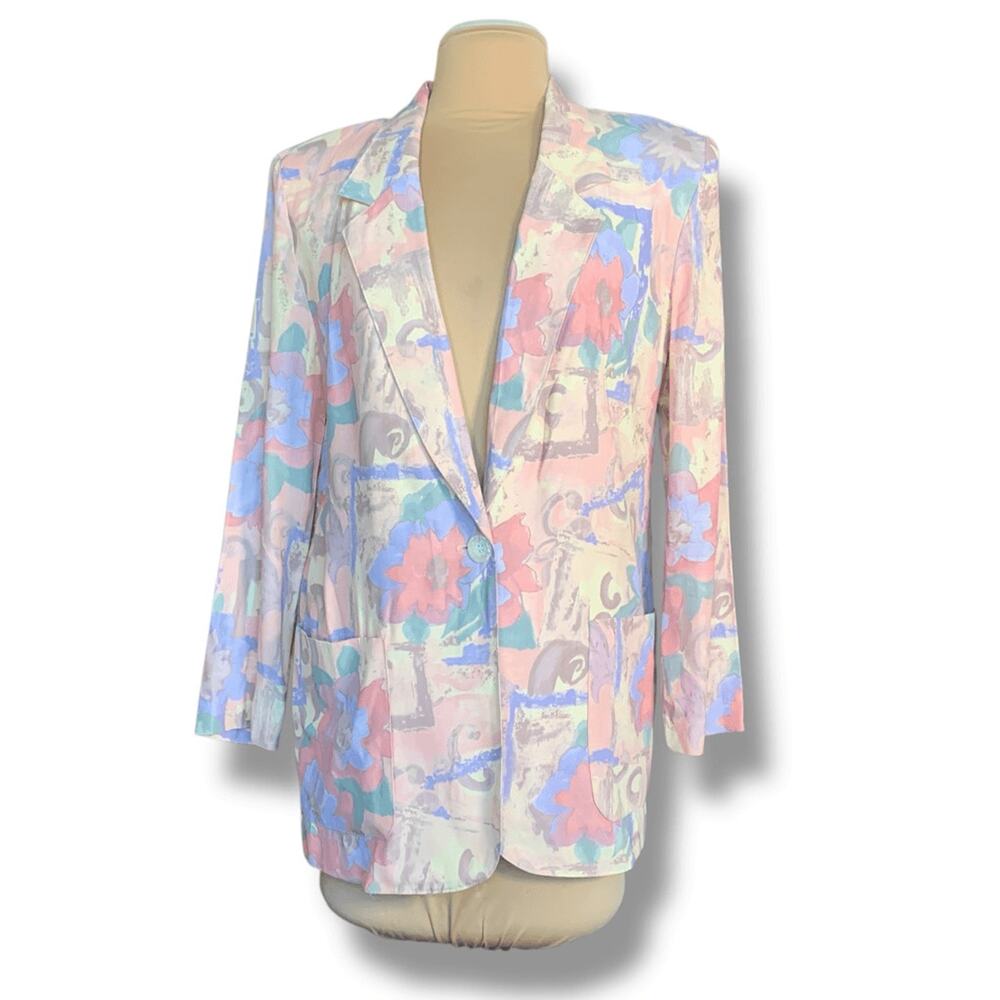Vintage 90s Oversized Blazer Jacket Pastel Abstract Floral Statement Bold Artsy